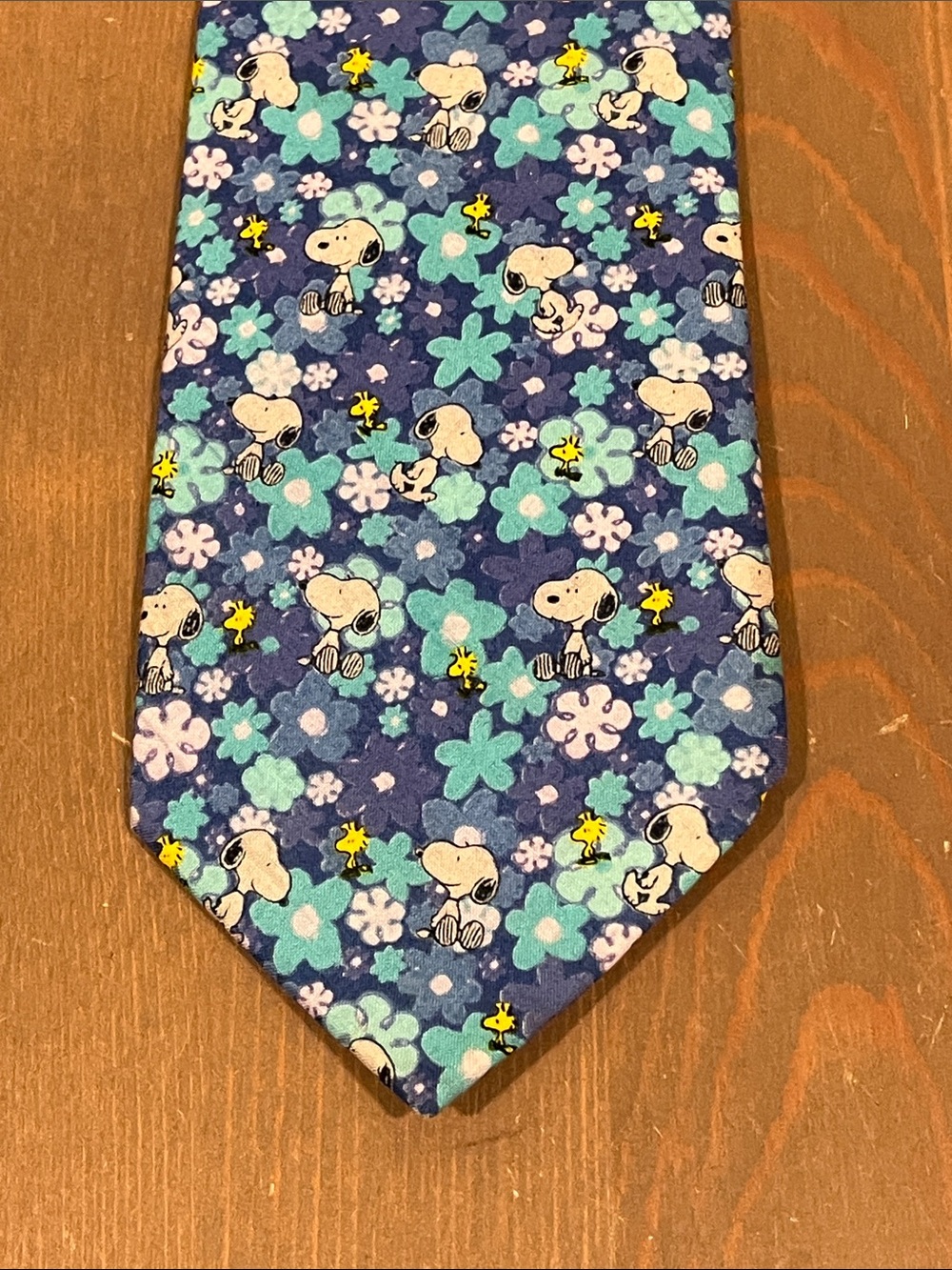 Peanuts Tie Snoopy & Woodstock Blue Floral Print 100% Cotton Vintage Y2K/90s